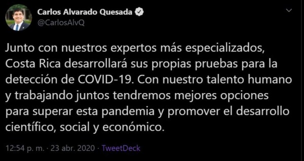 Costa Rica trabaja en sus propias pruebas para detectar covid-19