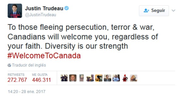 Justin Trudeau: 'Canadá les da la bienvenida'