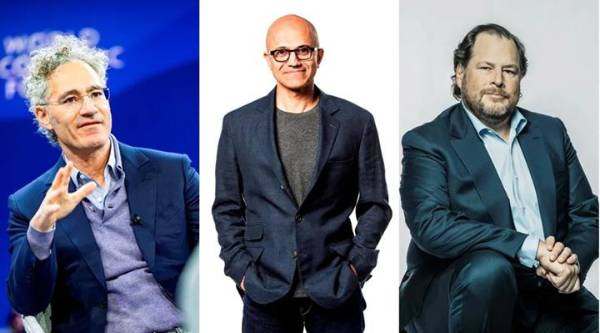 Directores ejecutivos de Palantir, Alex Karp (i); de Microsoft, Satya Nadella (c), y de Salesforce, Marc Benioff. EFE/ WEF/ Microsoft / Salesforce
