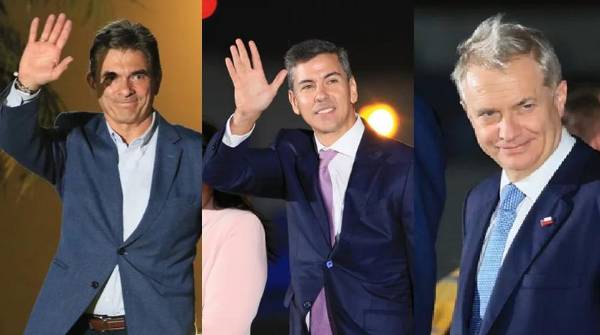 Presidentes Rodrigo Paz (Bolivia); Santiago Peña (Paraguay) y Jose Antonio Kats (Chile), a sus arribos a Lima. (Fotos: EFE)