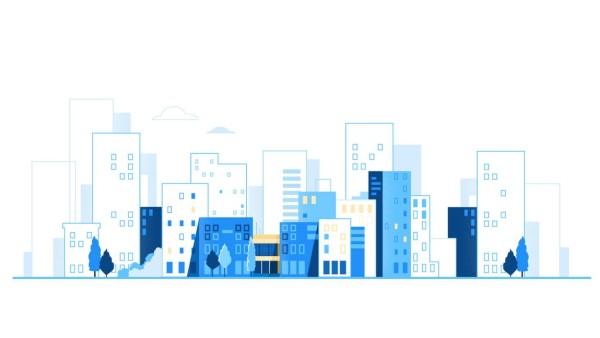 Urban landscape. City skyline. Cityscape background with road and cars vector illustration isolated