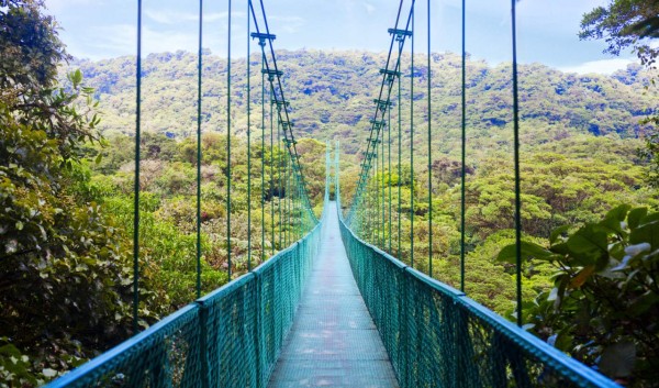 View of pedestrian suspension bridge in the jungles of Costa Rica.