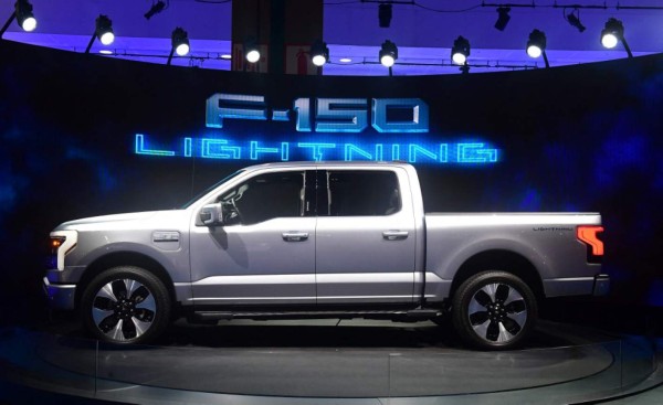 The all-electric F-150 Lightning from Ford is displayed at the Los Angeles Auto Show in Los Angeles, California on November 18, 2021. (Photo by Frederic J. BROWN / AFP)