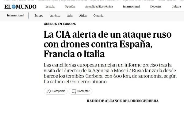 <i>Captura de pantalla del titular de EL MUNDO, que hoy sacudió a la opinión pública global. Tras darse la información, Macron niega que Francia recibiera la alerta de la CIA. La inteligencia danesa advierte un riesgo bajo pero creciente de ataques limitados en el flanco fronterizo de la OTAN.</i>