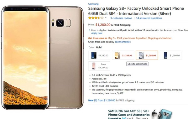 El precio del Galaxy S8 en US$970 y US$1.299 en Amazon