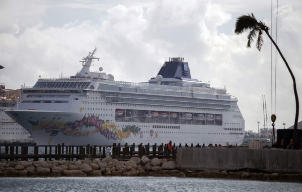 Norwegian Cruise Line ship Norwegian Sky is docked in Nassau, Bahamas, on September 12, 2019, in the aftermath of Hurricane Dorian. - Norwegian Cruise Line is stepping up its Hurricane Dorian relief effort for the Bahamas by doubling its original pledge of $1 million. The cruise line is now committing $2 million will be used for the residents of the Bahamas including the devastated Grand Bahama Island and Abaco Island in the north, the company announced in a statement September 10. (Photo by Andrew CABALLERO-REYNOLDS / AFP)
