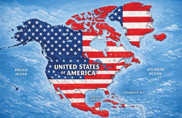 <i>Donald Trump, compartió en su red Truth Social un mapa en el que las franjas rojas y blancas de la bandera estadounidense cubren México, el Caribe y Canadá, además de Groenlandia e Islandia. Foto de cortesía</i>
