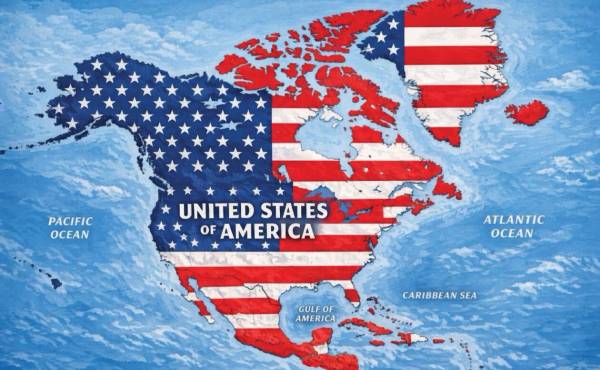 <i>Donald Trump, compartió en su red Truth Social un mapa en el que las franjas rojas y blancas de la bandera estadounidense cubren México, el Caribe y Canadá, además de Groenlandia e Islandia. Foto de cortesía</i>