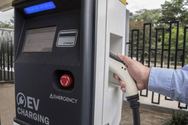 <i>ARCHIVO. El costarricense Roberto Quirós, propietario de dos autos eléctricos, carga uno de ellos en una estación de carga del Instituto Costarricense de Electricidad (ICE) en San José el 4 de diciembre de 2018. (Foto de Ezequiel BECERRA/AFP)</i>