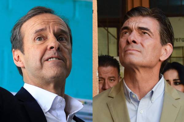 <i>Combo de dos fotografías donde aparecen los candidatos a la Presidencia de Bolivia Jorge Quiroga (i) y Rodrigo Paz Pereira. EFE/Gabriel Márquez / STR</i>