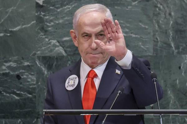 El primer ministro israelí, Benjamín Netanyahu, ante la Asamblea de la ONU. EFE/EPA/SARAH YENESEL
