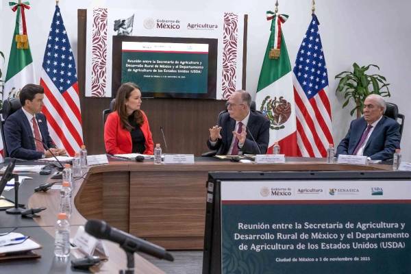 <i>Fotografía cedida por la Secretaría de Agricultura y Desarrollo Rural de México (Sader) de su titular, Julio Berdegué (c-d), y la secretaria del Departamento de Agricultura de Estados Unidos (USDA, en inglés), Brooke Rollins (c-i), durante una reunión este lunes en Ciudad de México (México). México y Estados Unidos revisaron los avances de la campaña conjunta contra el gusano barrenador del ganado y definieron algunas acciones que permitan la reapertura de la frontera a la exportación, informó la Sader. EFE/ Sader </i>
