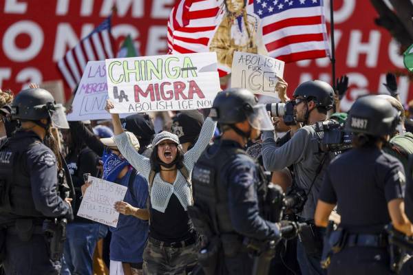 <i>Decenas de activistas fueron captados este domingo, 8 de junio, al protestar en contra de las redadas de inmigración, en Los Ángeles (CA, EE.UU.). EFE/Caroline Brehman</i>