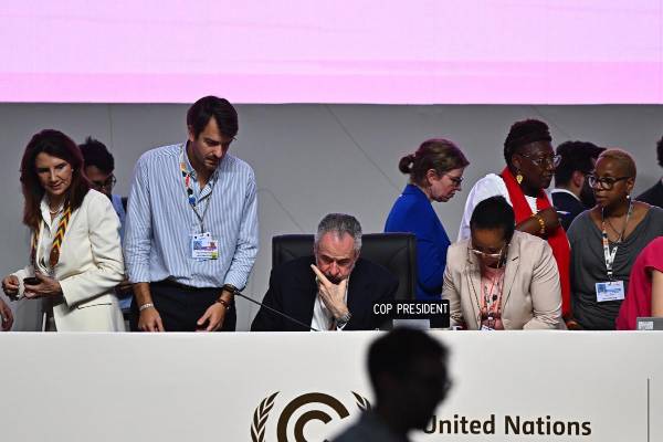 <i>El presidente de la COP30, Andre Correa do Lago (c), participa en la sesión plenaria de la COP30 este sábado, en el Centro de Convenciones Hangar donde se realiza la COP30, en Belém (Brasil). Corrêa do Lago reconoció durante su intervención en la sesión plenaria de clausura que algunos países tenían mayores ambiciones, y se comprometió a abordar sus preocupaciones a lo largo del próximo año. EFE/Andre Borges</i>