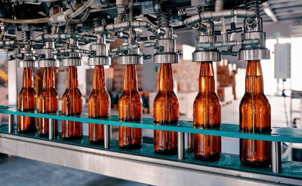 Beer bottles filling on the conveyor belt in the brewery factory