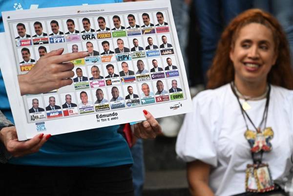 <i>Un partidario del candidato presidencial venezolano Edmundo González Urrutia y la líder de la oposición María Corina Machado muestra una imagen de la papeleta durante una manifestación con fieles cristianos en Caracas el 21 de julio de 2024. Venezuela celebrará sus elecciones presidenciales el 28 de julio. FOTO Raúl ARBOLEDA / AFP</i>