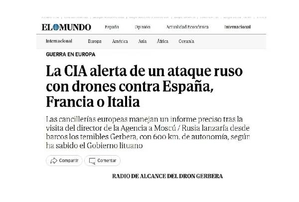 <i>Captura de pantalla del titular de EL MUNDO, que hoy sacudió a la opinión pública global. Tras darse la información, Macron niega que Francia recibiera la alerta de la CIA. La inteligencia danesa advierte un riesgo bajo pero creciente de ataques limitados en el flanco fronterizo de la OTAN.</i>