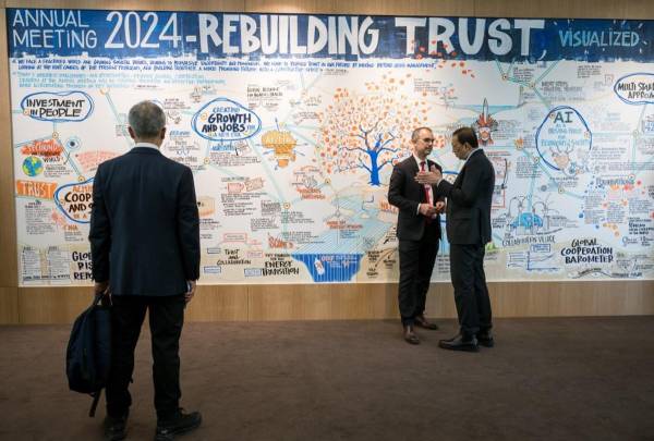 <i>Los participantes se encuentran junto a un tablero en el centro de congresos durante la reunión anual del Foro Económico Mundial (FEM) en Davos el 18 de enero de 2024. FOTO Fabrice COFFRINI / AFP</i>