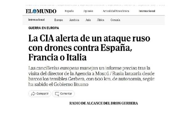 <i>Captura de pantalla del titular de EL MUNDO, que hoy sacudió a la opinión pública global. Tras darse la información, Macron niega que Francia recibiera la alerta de la CIA. La inteligencia danesa advierte un riesgo bajo pero creciente de ataques limitados en el flanco fronterizo de la OTAN.</i>