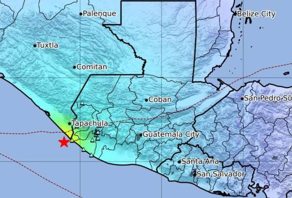 <i>Mapa de Intensidad Instrumental Fecha: domingo, 12 de mayo de 2024 | Hora Local: 05:39:15 Magnitud: 6.5 | Latitud N: 14.456 | Longitud 0: -92.388 | Prof.: 12.8km I FOTO: INSIVUMEH</i>