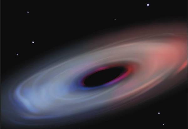 Representación artística del gas que rodea el agujero negro de Abell2744-QSO1. Crédito: Jiarong Gu /Imagen cedida por Nature.