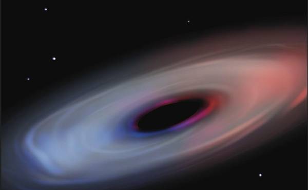 Representación artística del gas que rodea el agujero negro de Abell2744-QSO1. Crédito: Jiarong Gu /Imagen cedida por Nature.