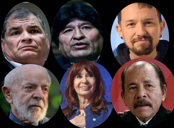 <i>Rafael Correa (Ecuador), Evo Morales (Bolivia), Pablo Iglesias (España), Lula da Silva (Brasil), Cristina Kirchner (Argentia) y Daniel Ortega (Nicaragua), políticos que se habrían beneficiado de los fondos distribuidos por el chavismo. (Foto: Collage E&amp;N).</i>