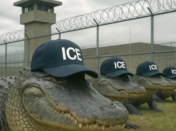 <i> Fotografía publicada por el Departamento de Seguridad Nacional (DHS) de Estados Unidos en su cuenta oficial en la red social X de caimanes con gorras del Servicio de Inmigración y Control de Aduanas (ICE) frente a un centro de detención.</i>