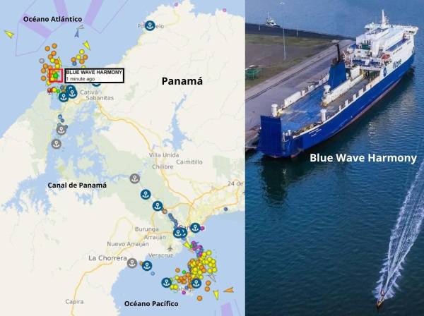 <i>Según los últimos datos de VesselFinder, la aplicación de seguimiento de embarcaciones en tiempo real, el ferry -conocido como Blue Wave Harmony- se encontraba en lado atlántico del Canal de Panamá</i>