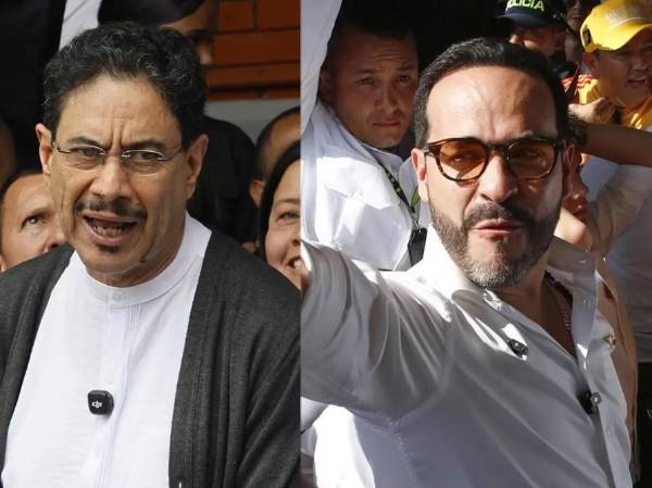 <i>Candidato presidencial por el partido oficialista Pacto Histórico, Iván Cepeda (i), y el candidato de ultraderecha Abelardo de la Espriella, del movimiento Defensores de la Patria. (EFE/ Carlos Ortega / Ernesto Guzmán Jr.)</i>