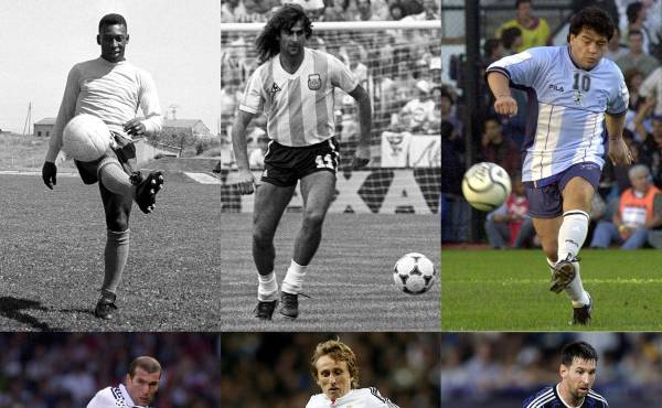 <i>Combo de fotografías de archivo que muestra al brasileño Pelé (i-arriba), el argentino Mario Alberto Kempes (c-arriba), al argentino Diego Armando Maradona (d-arriba), el francés Zinedine Zidane (i-abajo), al croata Luka Modrić (c-abajo) y al argentino Lionel Messi. EFE/ JGB/ Kote Rodrigo/ Rodrigo Jiménez/ Adán González</i>