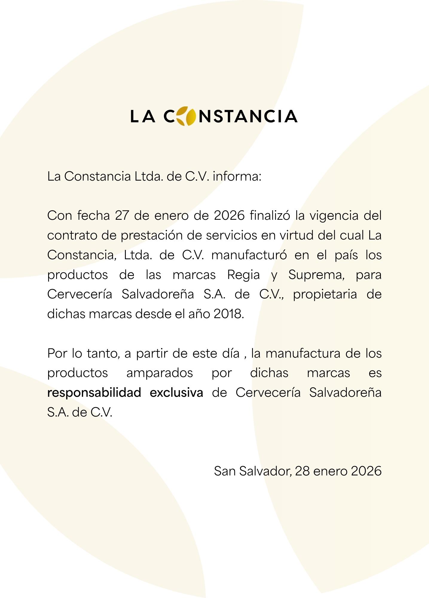La Constancia finaliza contrato para manufactura de cervezas Regia y Suprema