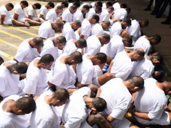 Handcuffed inmates, members of MS-13 and Barrio 18 gangs, wait upon arrival at the maximum security prison in Zacatecoluca, 65 kilometres east of San Salvador, on August 9, 2017. Forty-eight members of violent gangs arrested in connection with the murders of policemen and soldiers, were transferred on August 9 to Zacatecoluca, the Salvadoran authorities reported. / AFP PHOTO / Marvin RECINOS