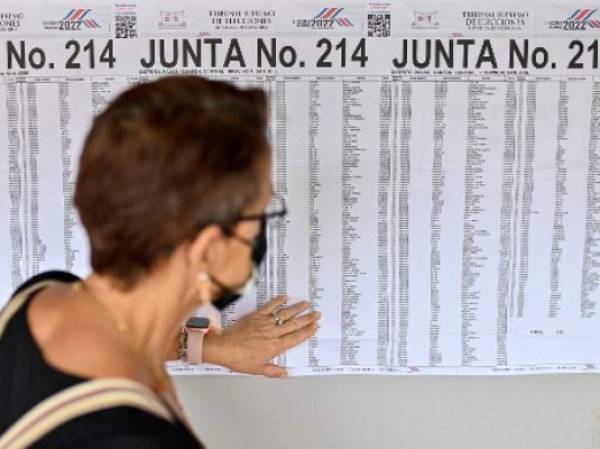 A woman looks at a chart to find the polling station where to vote during general elections in San Jose, on February 6, 2022. - Costa Ricans head to the polls Sunday with a crowded presidential field and no clear favorite for tackling growing economic concerns in one of Latin America's stablest democracies. (Photo by Luis ACOSTA / AFP)