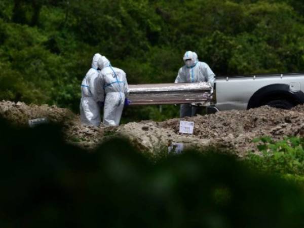 Agents of the Police Investigations Direction (DPI), wearing protective suits, bury an alleged victim of COVID-19 in an an annex of the Parque Memorial Jardin de los Angeles cemetery, 14 km north of Tegucigalpa, on July 4, 2020. (Photo by ORLANDO SIERRA / AFP)