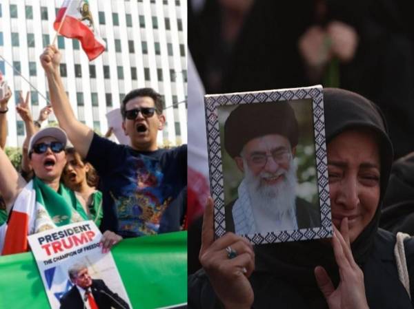 A la izquierda, iraníes en el exilio apoyan las acciones militares iniciadas por Trump. A la derecha, son miles los que todavía confían en el régimen y lloran la muerte de Jamenei. (Foto: Agencias)