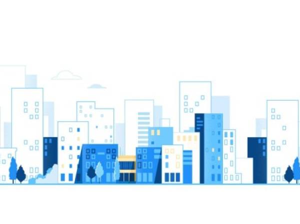 Urban landscape. City skyline. Cityscape background with road and cars vector illustration isolated