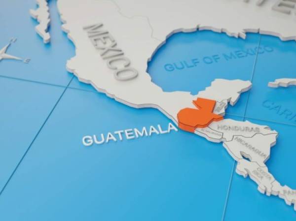 Guatemala highlighted on a white simplified 3D world map. Digital 3D render.