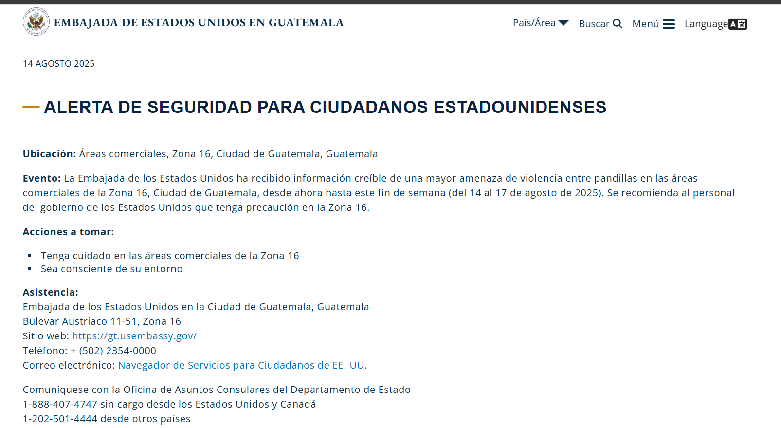 Guatemala: embajada estadounidense emite alerta de seguridad por posibles hechos violentos en zona 16 Guatemala: embajada estadounidense emite alerta de seguridad por posibles hechos violentos en zona 16