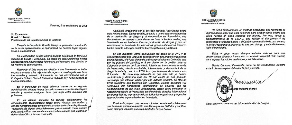 Combo de imágenes tomadas de la cuenta oficial de Telegram de la vicepresidenta ejecutiva de Venezuela, Delcy Rodríguez en la que muestra la carta enviada por el presidente de Venezuela, Nicolás Maduro, a su homólogo de Estados Unidos, Donald Trump, este domingo, en Caracas (Venezuela). Rodríguez confirmó que Maduro envió una carta a Donald Trump, en la que dice estar dispuesto a mantener conversaciones directas con su enviado especial, Richard Grenell. EFE/ Delcy Rodríguez Combo de imágenes tomadas de la cuenta oficial de Telegram de la vicepresidenta ejecutiva de Venezuela, Delcy Rodríguez en la que muestra la carta enviada por el presidente de Venezuela, Nicolás Maduro, a su homólogo de Estados Unidos, Donald Trump, este domingo, en Caracas (Venezuela). Rodríguez confirmó que Maduro envió una carta a Donald Trump, en la que dice estar dispuesto a mantener conversaciones directas con su enviado especial, Richard Grenell. EFE/ Delcy Rodríguez