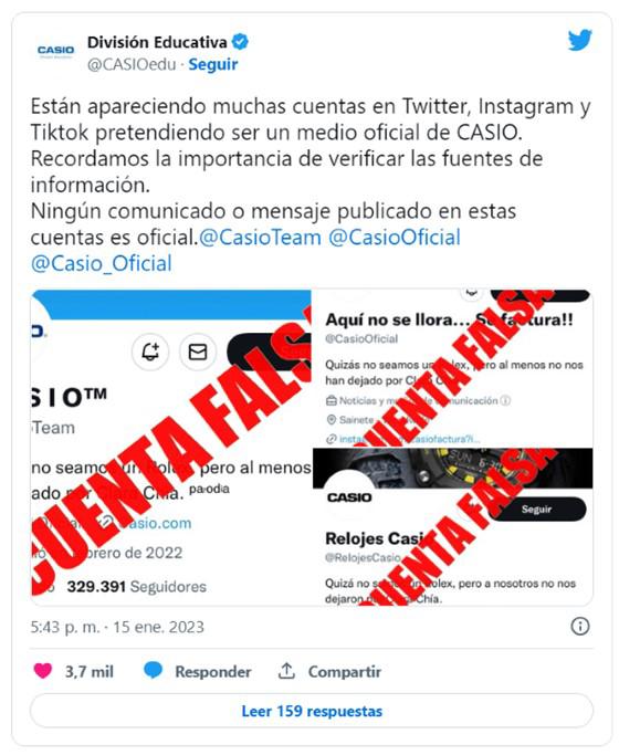 Aumentan cuentas falsas de CASIO en Twitter ¡NO caiga!