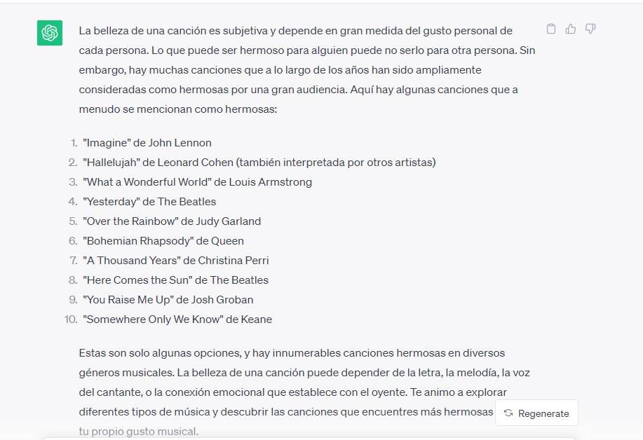 <i>Este listado corresponde a la pregunta: ¿Cuáles son las canciones más bonitas?</i>