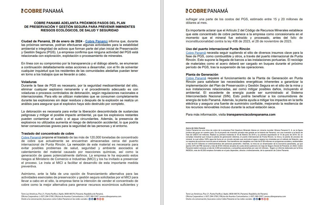 Cobre Panamá propone traslado de más de 120.000 toneladas de concentrado almacenado Cobre Panamá propone traslado de más de 120.000 toneladas de concentrado almacenado