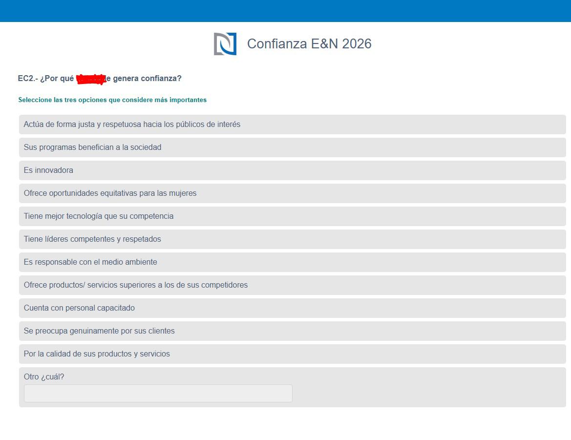 Al seleccionar al empresario/a, empresa y marca le saldrá una lista de atributos, en los cuales le pregunta por qué confía en el seleccionado, tachado en la imagen.