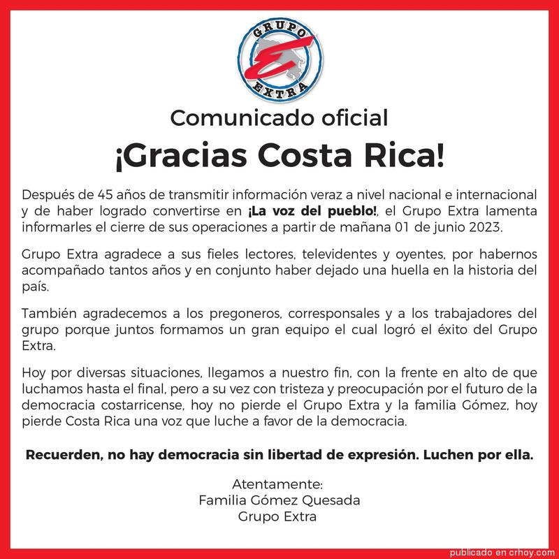 Grupo Extra de Costa Rica cierra operaciones desde el 1 de junio