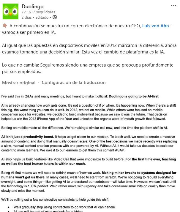 Luis von Ahn busca convertir a Duolingo en empresa 'AI-first': ¿Reemplazo de personas por máquinas? Esto dice la empresa Luis von Ahn busca convertir a Duolingo en empresa 'AI-first': ¿Reemplazo de personas por máquinas? Esto dice la empresa