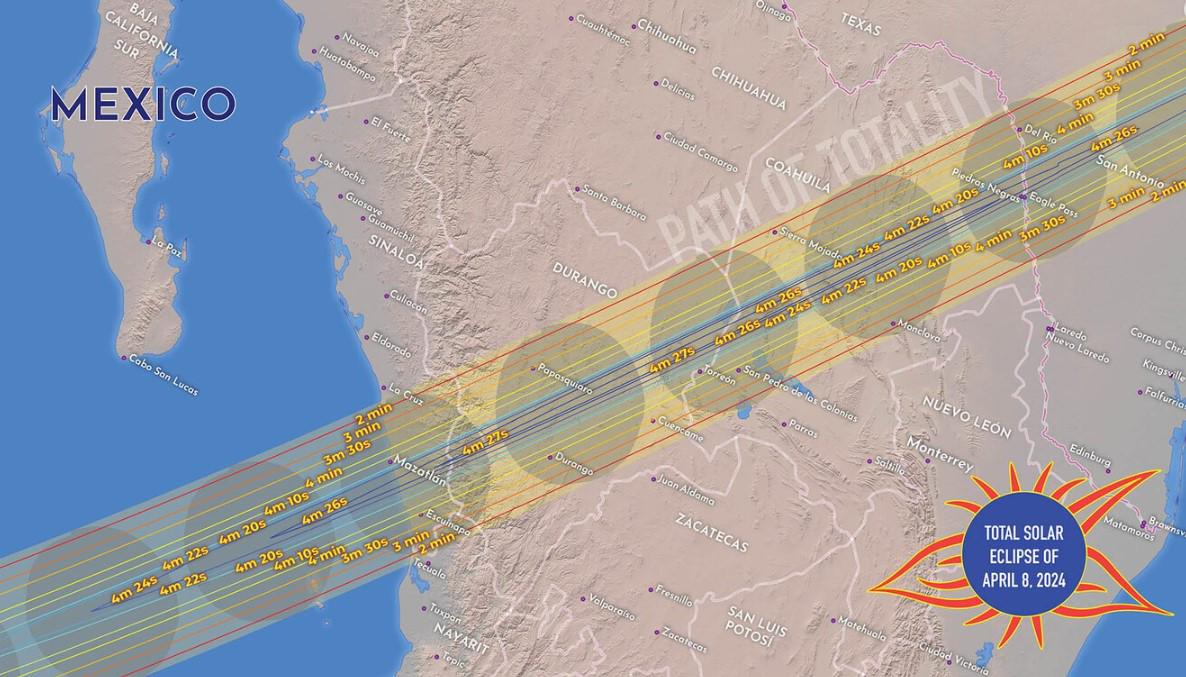 <i>La banda de totalidad del eclipse en México y su duración. Imagen: Michael Zeiler, GreatAmericanEclipse.com</i>