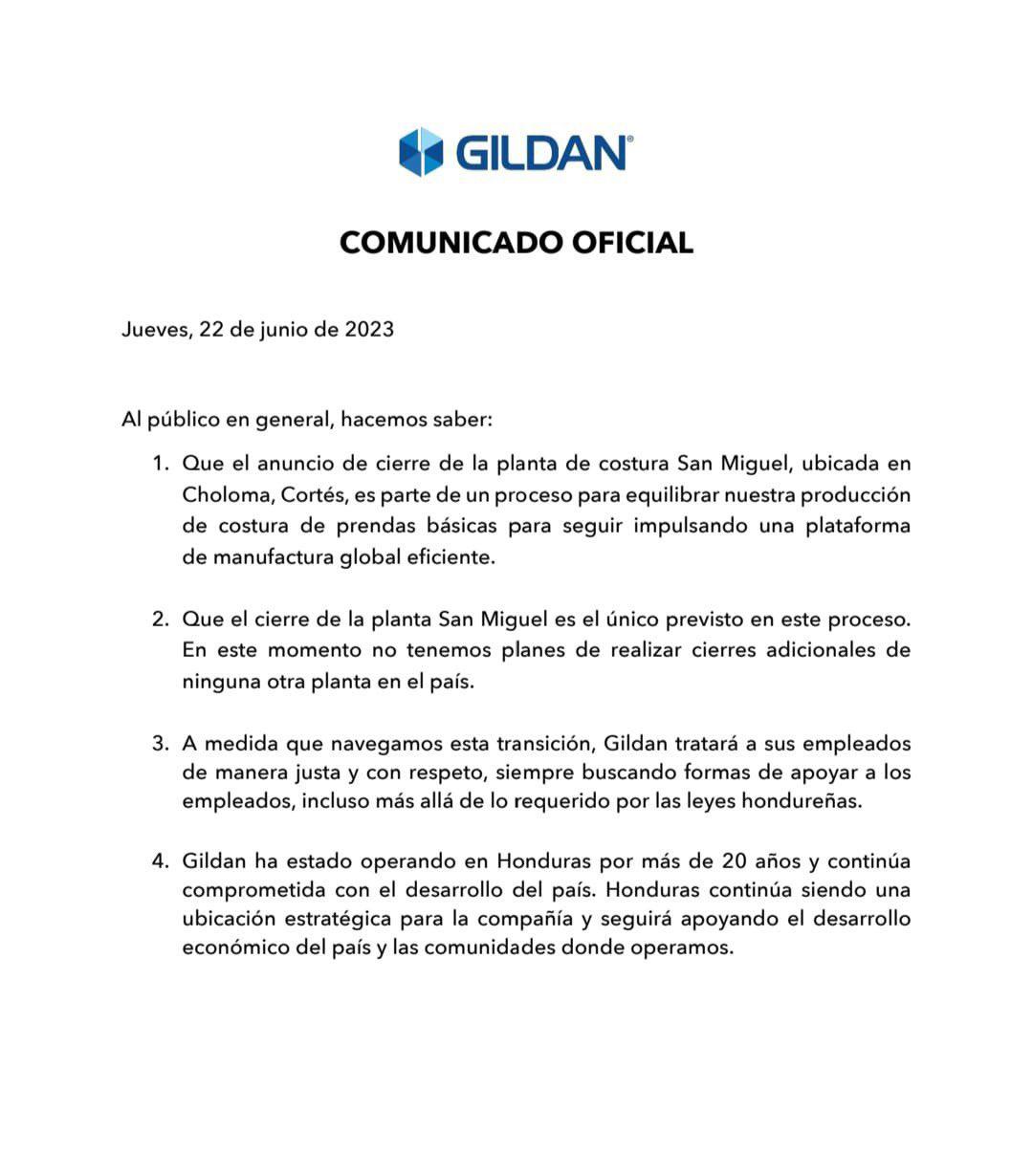 Gildan cierra planta de costura en Honduras para equilibrar producción