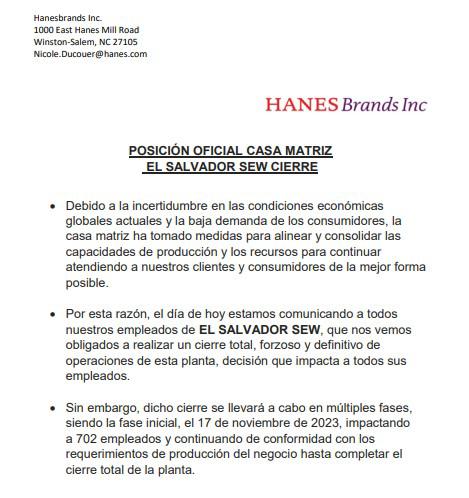 HanesBrands cierra una de sus plantas textiles en El Salvador y despide a más de 700 colaboradores