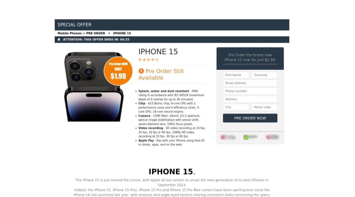 <i>Ejemplo de una página de phishing ofreciendo el iPhone 15 de manera anticipada</i>